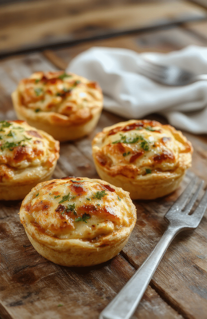 Colorful mini chicken pot pies plated on a rustic wooden surface with golden crusts, bubbling filling visible, garnished with fresh herbs, styled with a cozy ambiance
