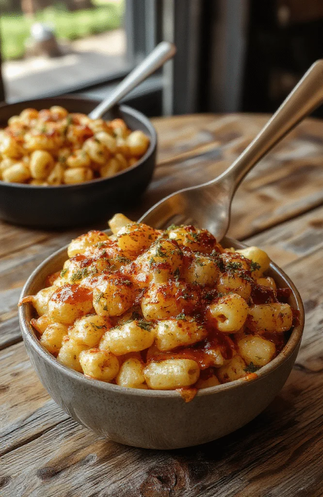 A bubbling skillet of vibrant orange and creamy white monster-shaped macaroni and cheese garnished with green herbs, styled on a rustic wooden table with spooky Halloween decorations in the background, showing cheesy textures and playful presentation.