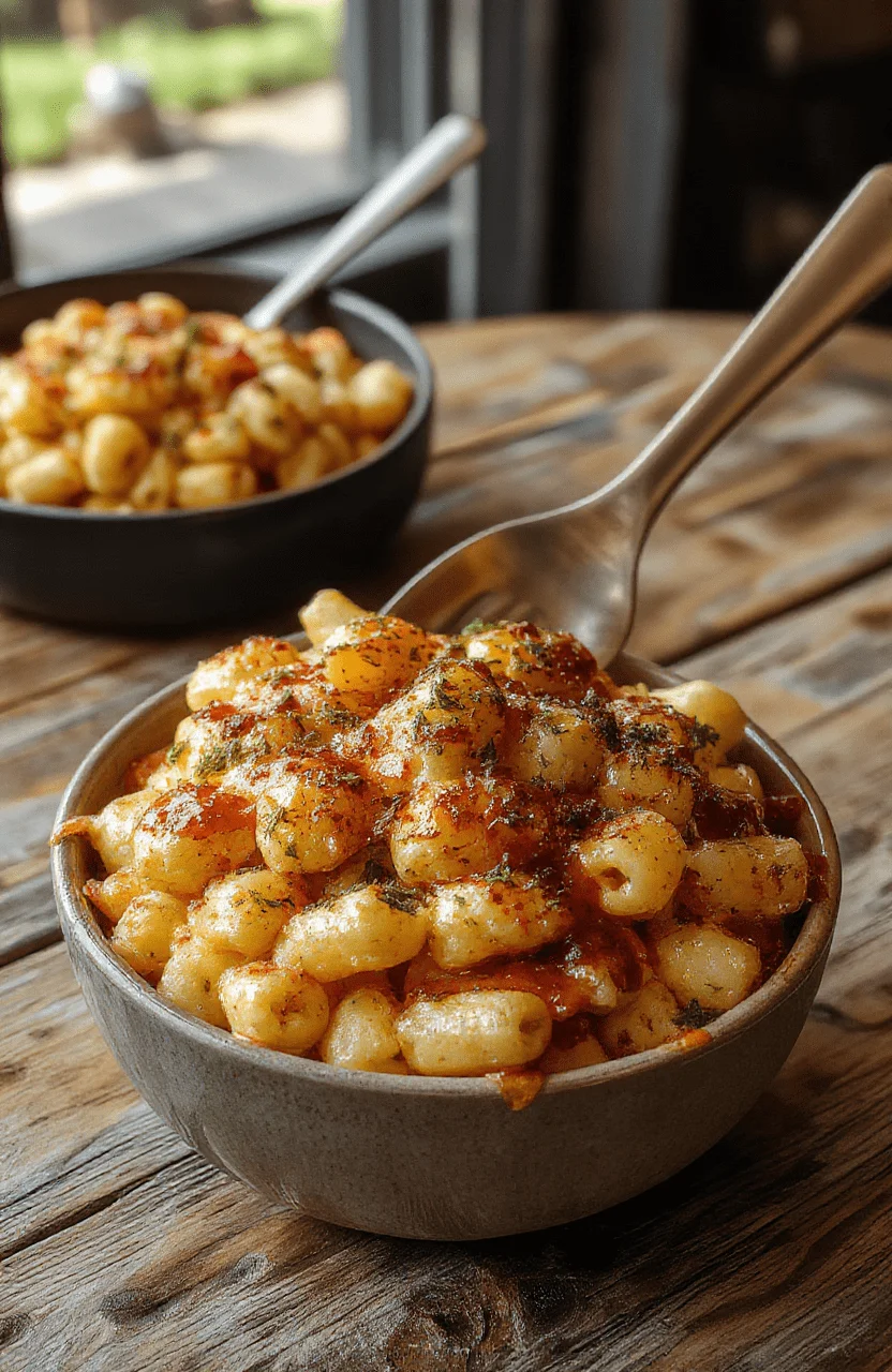 A bubbling skillet of vibrant orange and creamy white monster-shaped macaroni and cheese garnished with green herbs, styled on a rustic wooden table with spooky Halloween decorations in the background, showing cheesy textures and playful presentation.