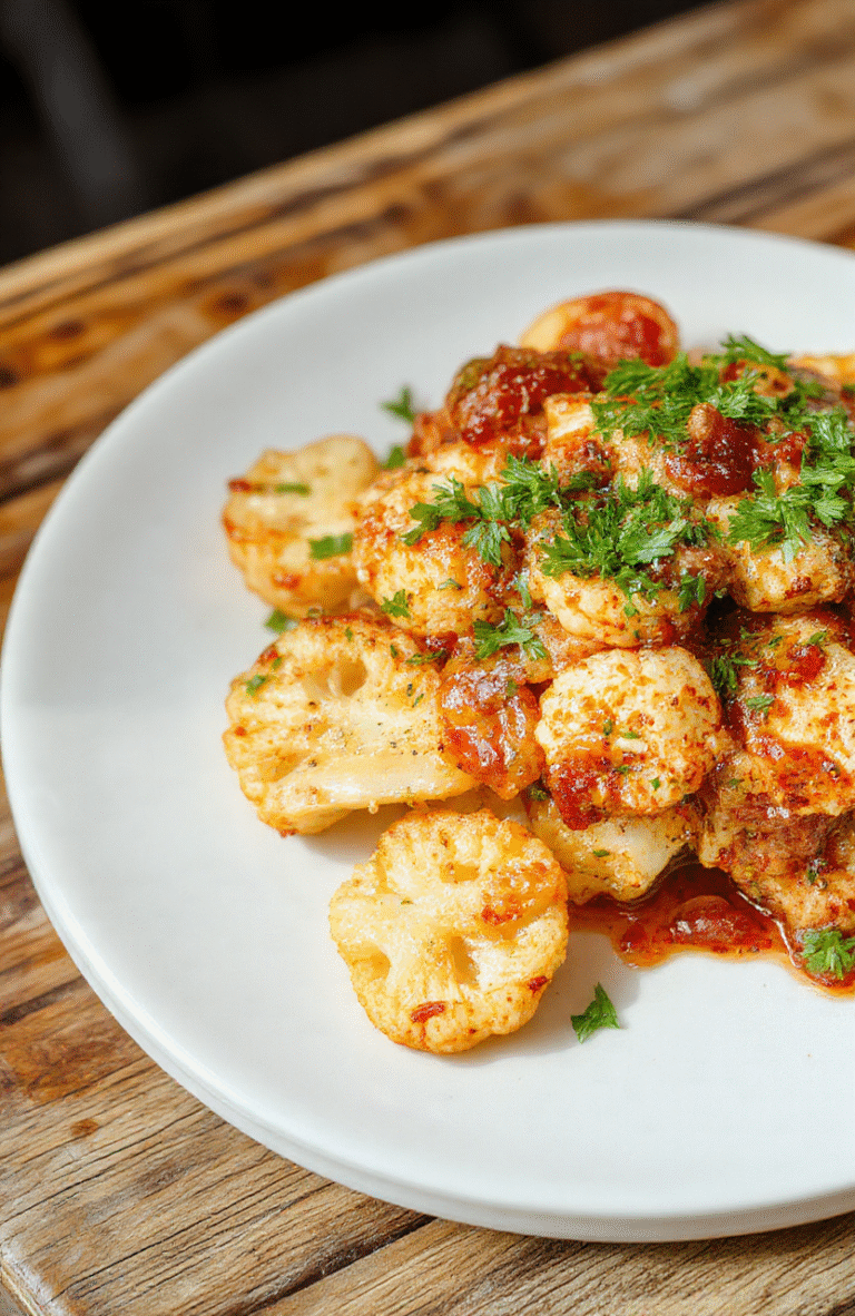 A vibrant plate of roasted cauliflower florets drizzled with a creamy tahini-honey sauce, garnished with chopped herbs, served on a rustic white plate, with a colorful background of Moroccan textiles and fresh ingredients, showcasing a healthy and appealing dish with textures of roasted and silky sauce.