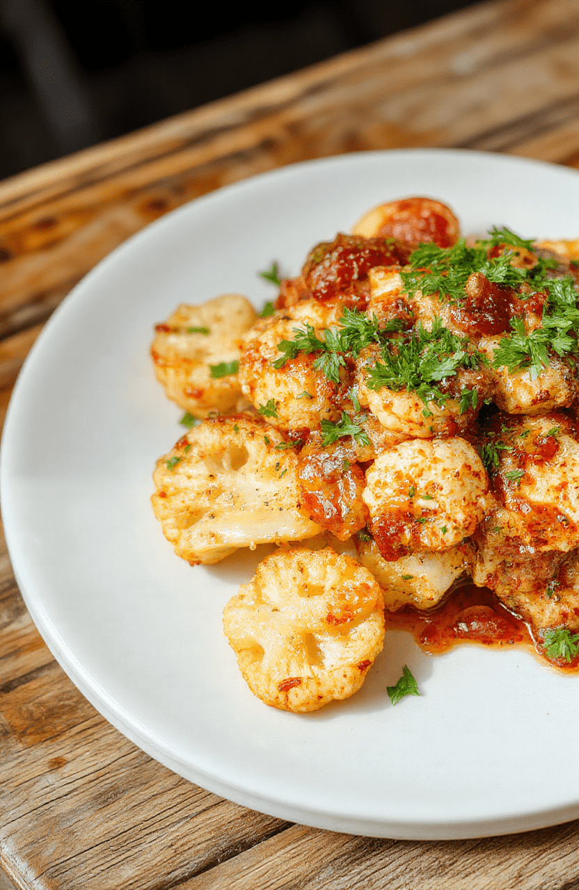 A vibrant plate of roasted cauliflower florets drizzled with a creamy tahini-honey sauce, garnished with chopped herbs, served on a rustic white plate, with a colorful background of Moroccan textiles and fresh ingredients, showcasing a healthy and appealing dish with textures of roasted and silky sauce.