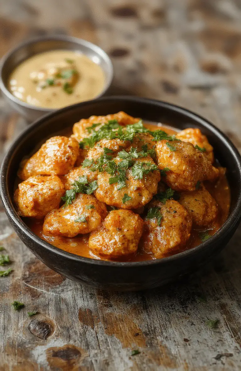 A vibrant bowl of creamy butter chicken garnished with fresh herbs, served on a rustic wooden plate with a side of fluffy basmati rice, showcasing a rich, glossy sauce and tender chicken pieces, styled casually for an inviting presentation.