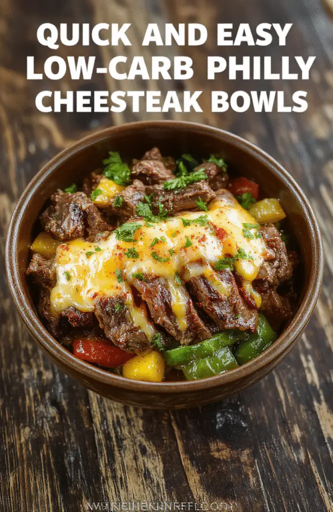 A colorful bowl filled with sliced steak, melted cheese, sautéed peppers and onions, garnished with fresh herbs on a rustic wooden table.