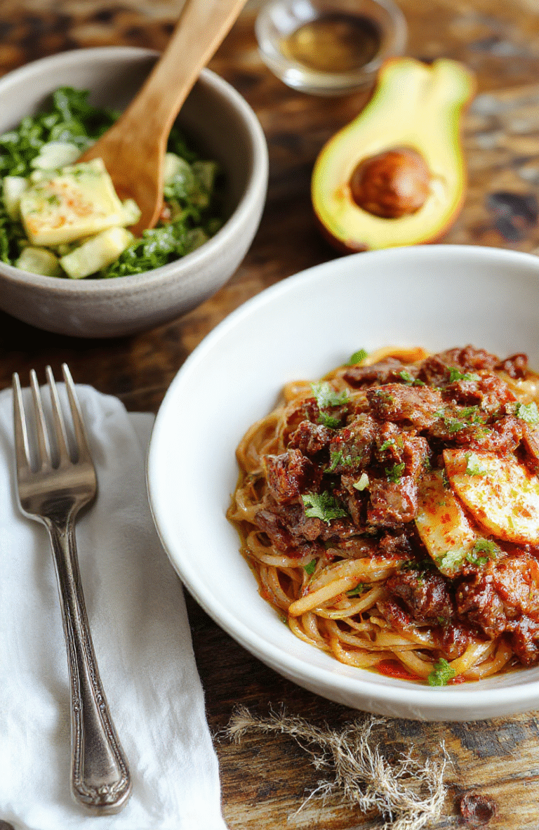 A colorful plate of Mongolian ground beef noodles with steaming beef, glossy sauce, vibrant green scallions, and sesame seeds on top, styled simply on a white ceramic plate with chopsticks beside.