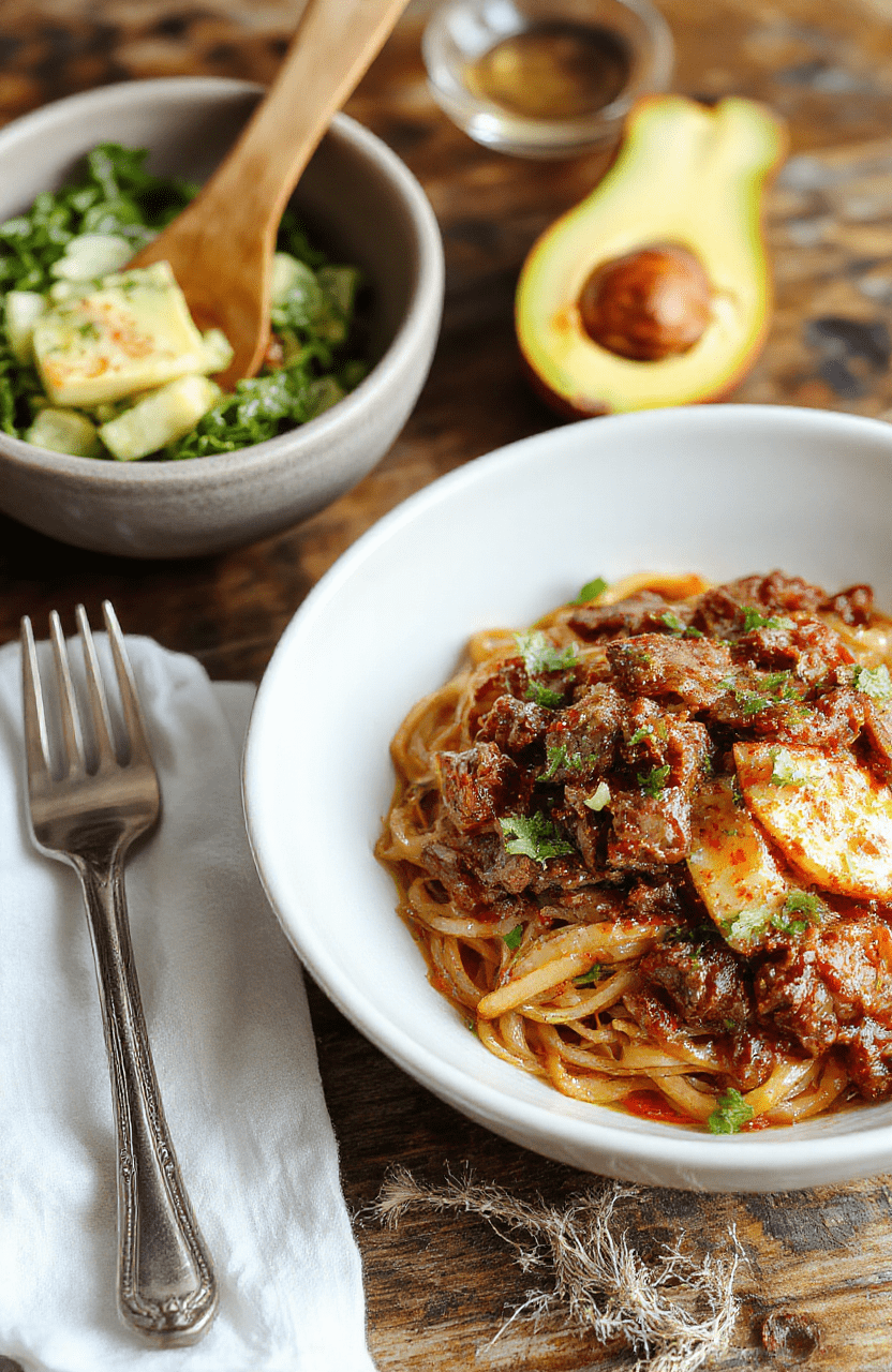A colorful plate of Mongolian ground beef noodles with steaming beef, glossy sauce, vibrant green scallions, and sesame seeds on top, styled simply on a white ceramic plate with chopsticks beside.