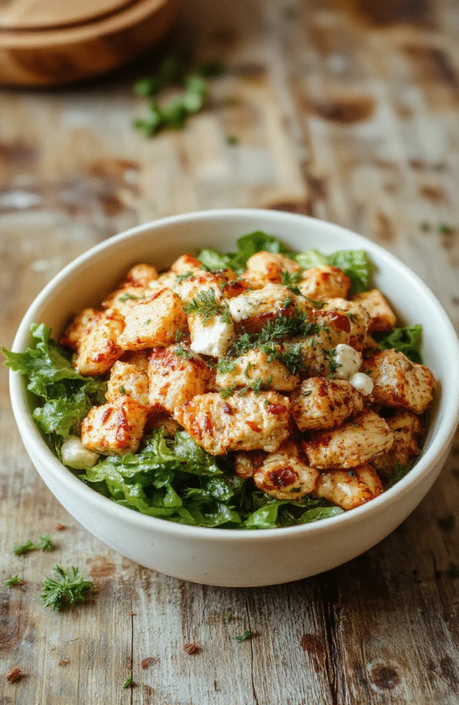 Colorful Greek Chicken Bowls featuring grilled chicken, cucumbers, tomatoes, red onions, and feta cheese artfully arranged on a white plate with fresh herbs, vibrant vegetables, and creamy tzatziki on top, styled simply for a fresh and appetizing look.