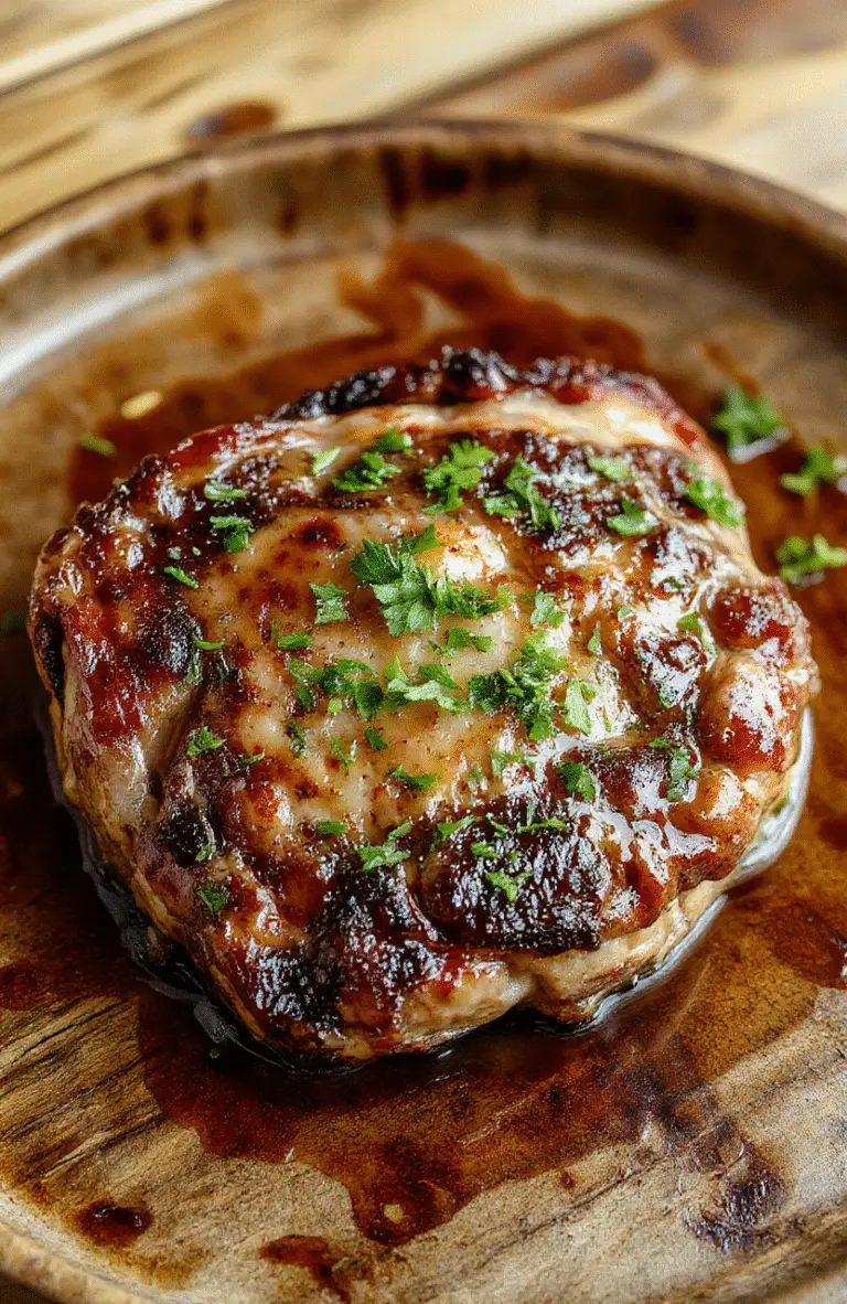 A perfectly cooked, juicy pan-seared steak drizzled with rich butter sauce, presented on a rustic plate with fresh herbs, showcasing a golden-brown crust and tender interior, styled simply with a light background highlighting the dish's textures and glistening sauce.