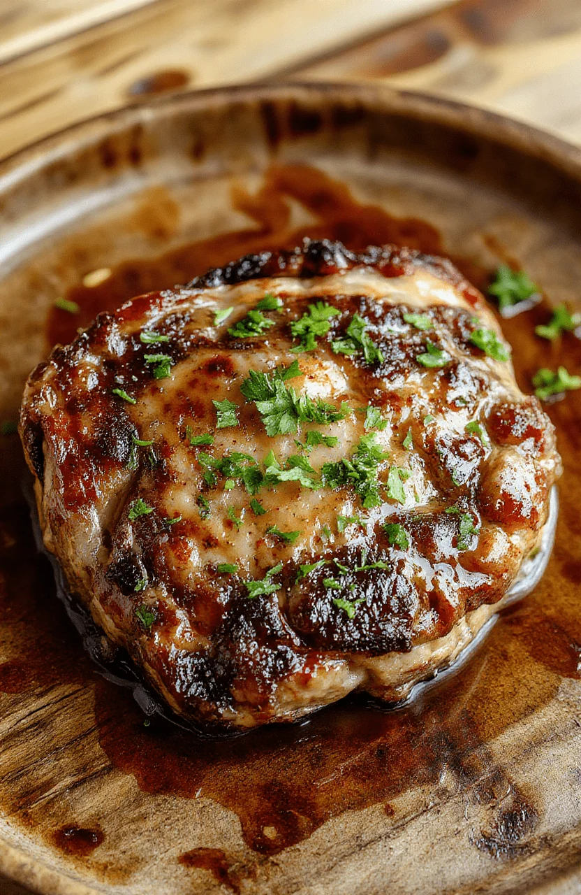 A perfectly cooked, juicy pan-seared steak drizzled with rich butter sauce, presented on a rustic plate with fresh herbs, showcasing a golden-brown crust and tender interior, styled simply with a light background highlighting the dish's textures and glistening sauce.