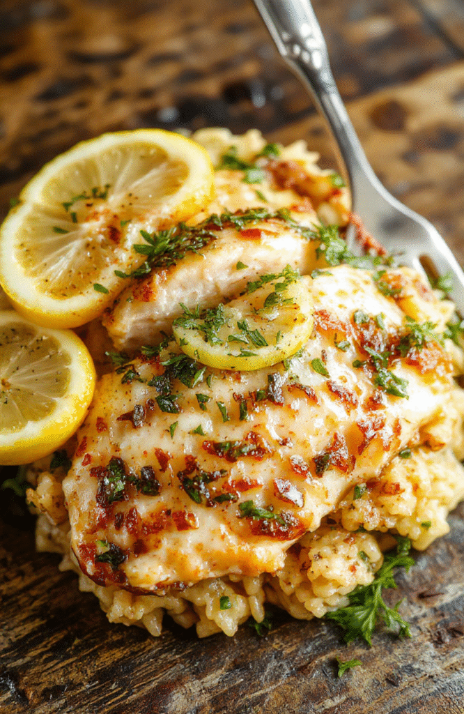 A vibrant plated dish featuring tender shredded chicken and fluffy rice covered with fresh herbs and lemon slices, garnished with parsley, on a rustic wooden table with natural light, highlighting textures and colors.