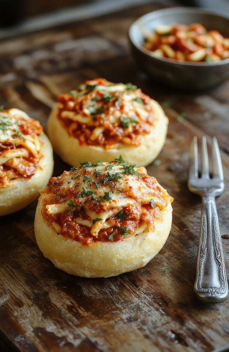 A vibrant scene featuring golden garlic bread bowls filled with rich spaghetti, topped with melted cheese and garnished with parsley, styled on a rustic wooden table with a backdrop of fresh ingredients and condiments.