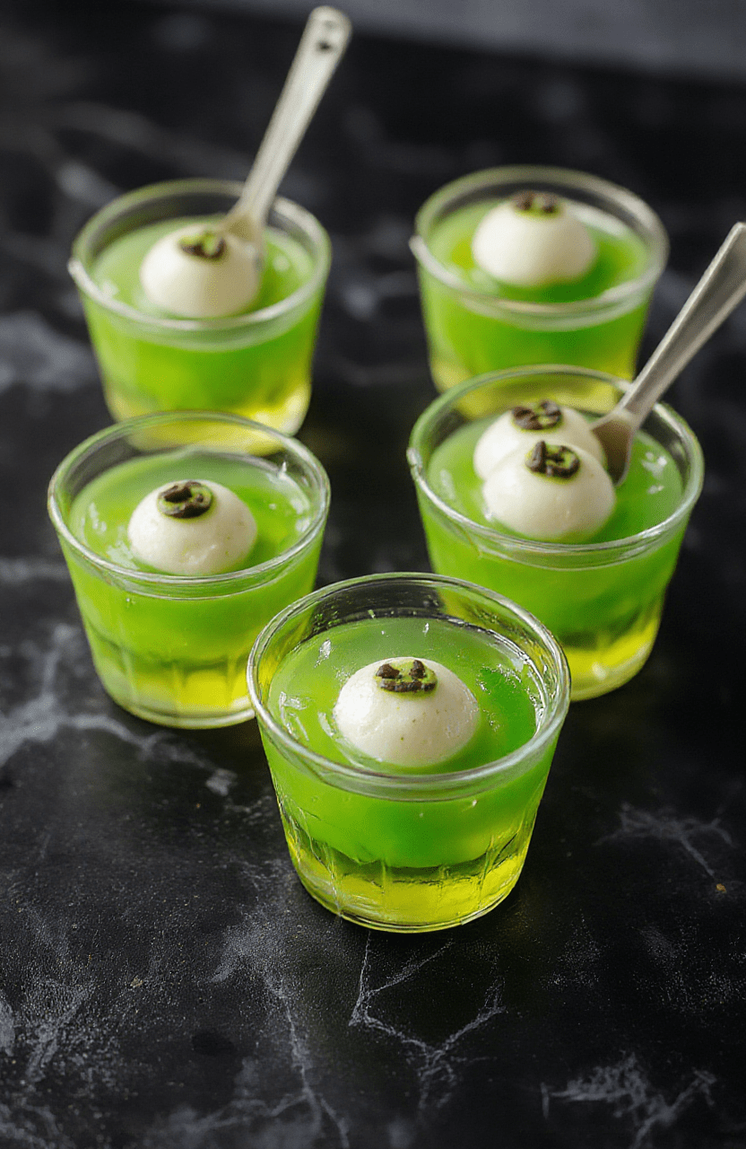 Colorful eyeball gelatin shots with realistic eyeball toppings in vibrant red and white, presented in clear shot glasses on a dark spooky-themed surface, textured gelatin with glossy look, styled for a festive Halloween party