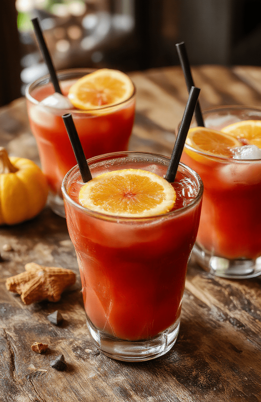 A vibrant pitcher of Halloween Hocus Pocus Punch featuring swirling purple and glowing green liquids, garnished with gummy worms and spooky ice cubes, surrounded by themed decorations and candy, shot in bright natural daylight with a casual rustic wooden table.