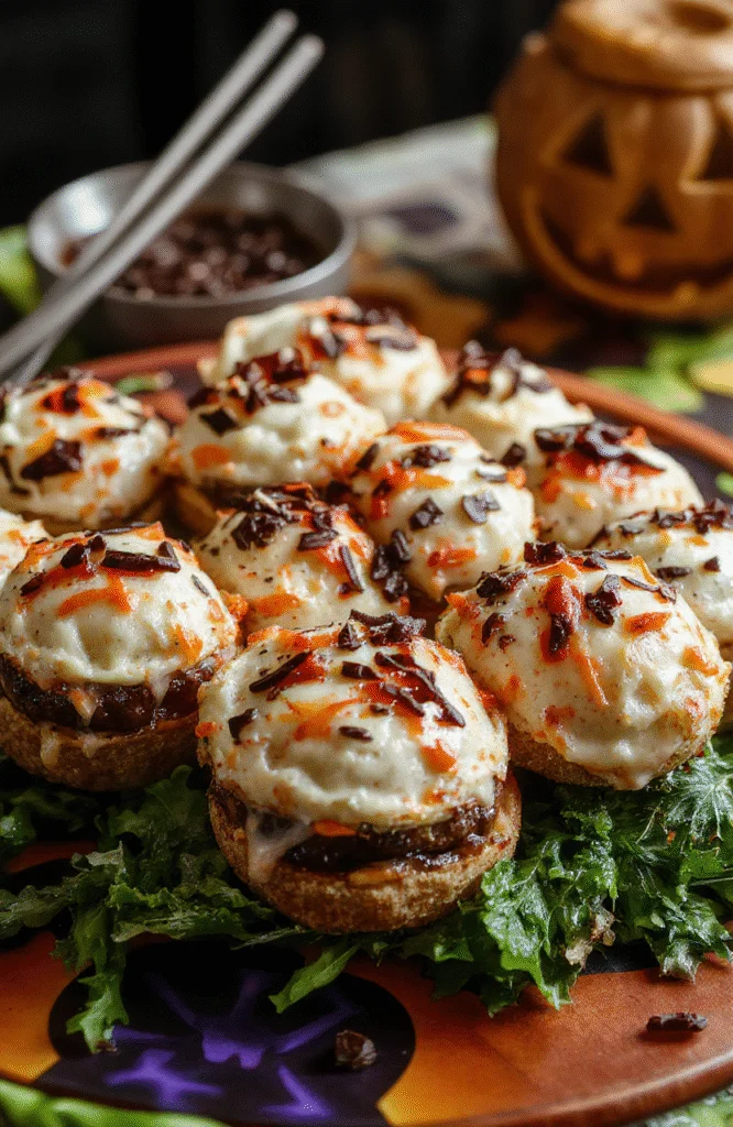 Colorful Halloween-themed snacks arranged on a spooky themed platter, featuring creepy candies, monster-shaped cookies, and jack-o'-lantern decorations, with vibrant orange, black, and green hues, styled with playful Halloween props.