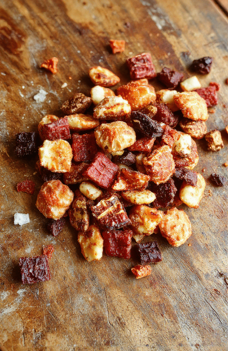 A colorful Halloween-themed trail mix arranged on a white plate featuring bright red candy-coated chocolates, dark chocolate chips, orange and black Halloween sprinkles, and almond slices resembling vampire fangs. The mix is scattered on a rustic wooden surface with festive Halloween decorations in the blurred background, capturing a playful and spooky vibe.