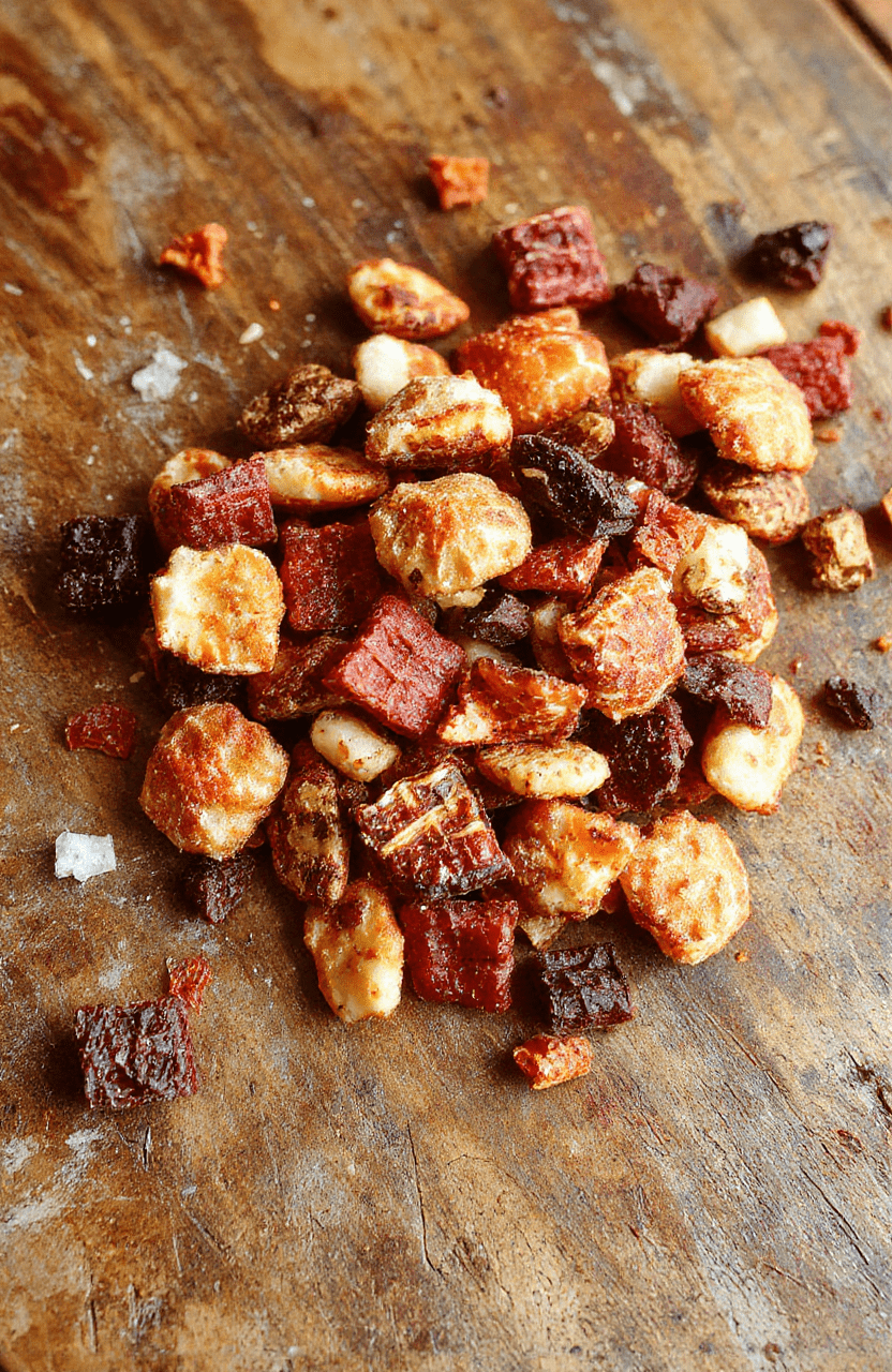A colorful Halloween-themed trail mix arranged on a white plate featuring bright red candy-coated chocolates, dark chocolate chips, orange and black Halloween sprinkles, and almond slices resembling vampire fangs. The mix is scattered on a rustic wooden surface with festive Halloween decorations in the blurred background, capturing a playful and spooky vibe.