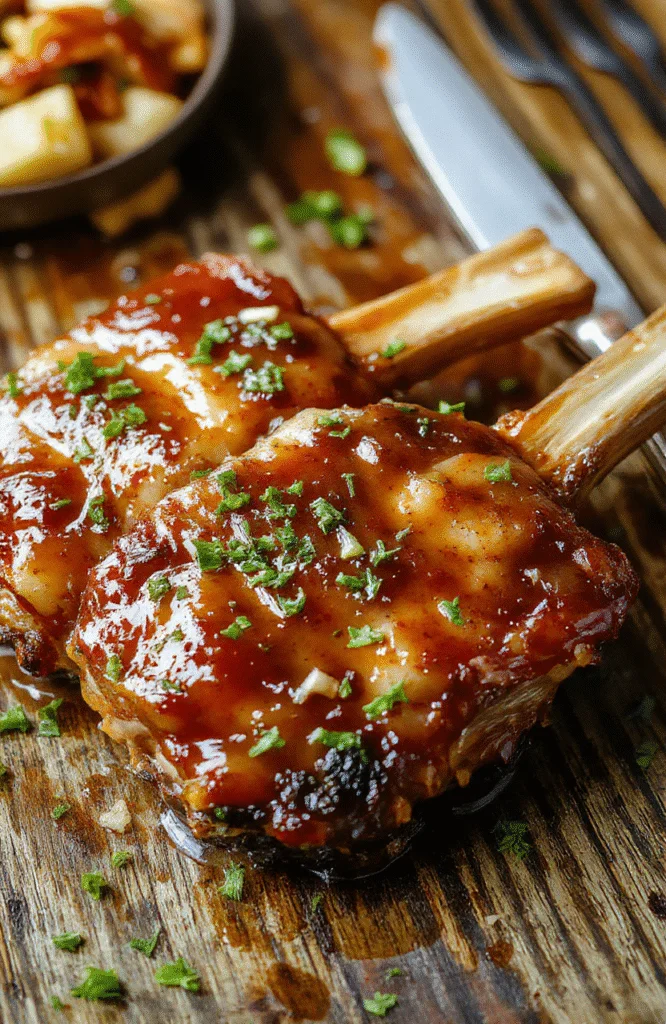 A close-up of juicy boneless pork chops glazed with sticky honey garlic sauce, plated neatly with a garnish of green herbs, on a white plate with a textured wooden table background, vibrant colors, and glossy sauce highlighting the texture.