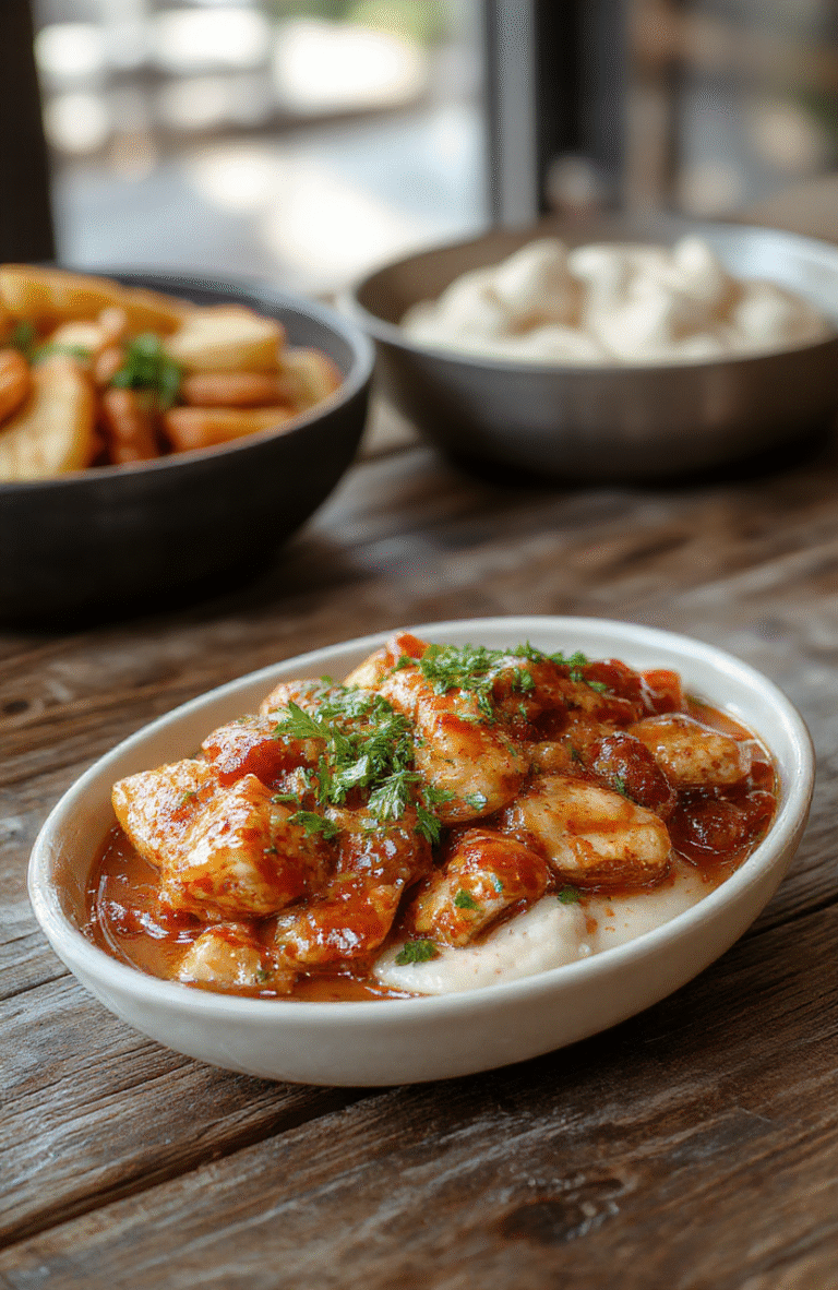 A vibrant plate of glazed sweet chili chicken garnished with fresh herbs, served with colorful vegetables on a rustic white plate, with a glossy sauce, styled casually with a natural background.