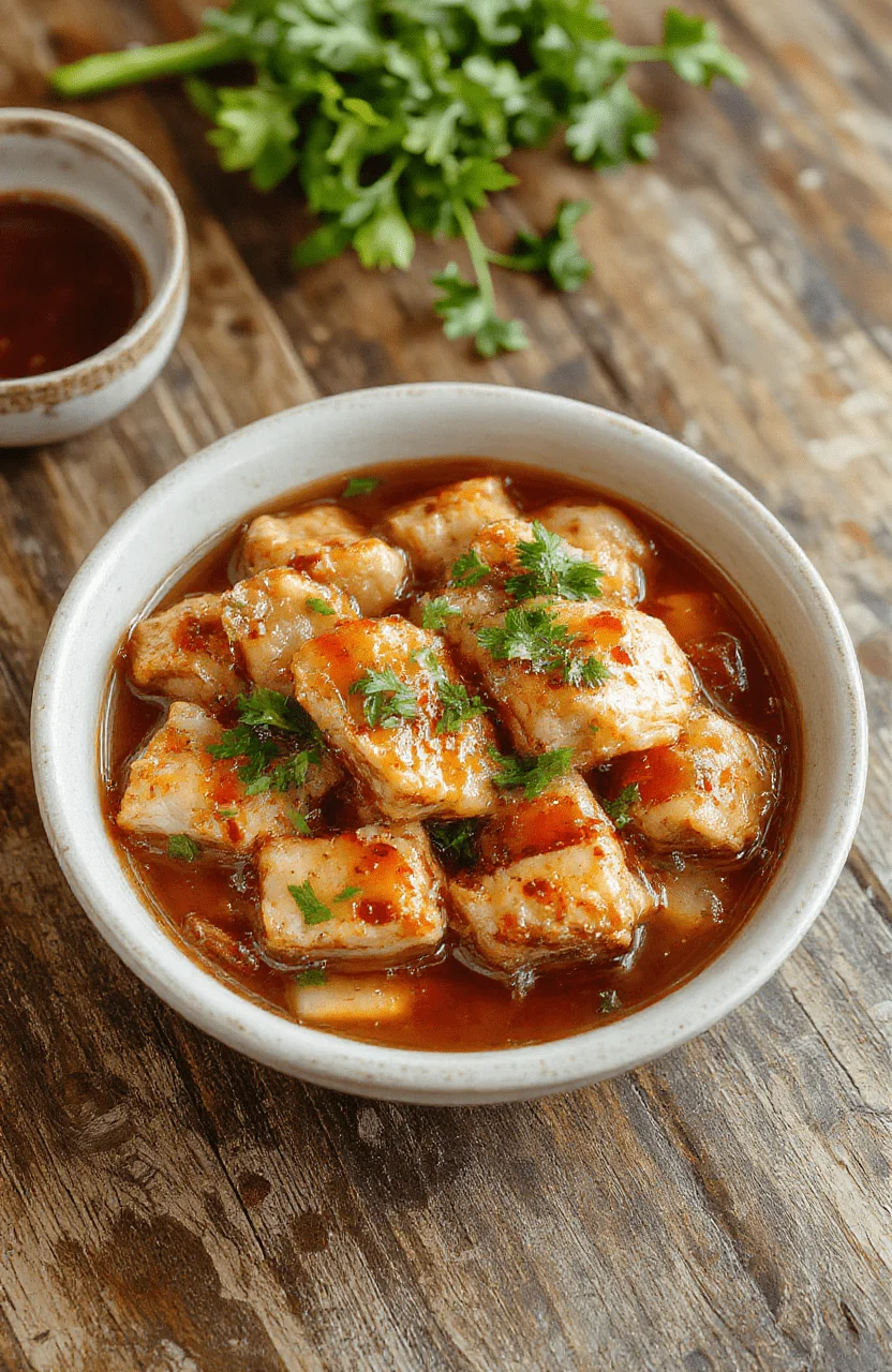 Colorful plated dish showcasing tender caramelized soy chicken topped with crispy garlic and fresh ginger slices, surrounded by fluffy steamed rice, styled with vibrant herbs, on a rustic wooden surface with natural soft lighting.