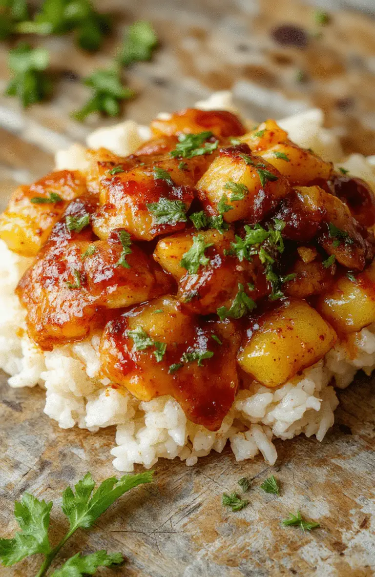 Colorful pineapple chunks, tender chicken pieces, and fluffy rice arranged neatly on a white plate with a sprig of cilantro, vibrant yellow and orange pineapple contrasting with the golden-brown chicken and white rice, styled with a drizzle of sauce, fresh herbs, and a rustic wooden background.