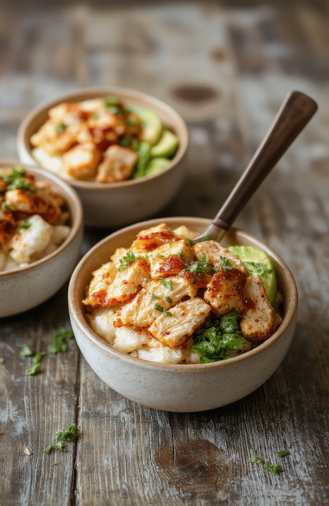 A vibrant plate of honey chipotle chicken rice bowls featuring juicy grilled chicken glazed with honey and smoky chipotle sauce, served over fluffy white rice, garnished with fresh cilantro and lime wedges. The dish showcases a glossy finish, colorful ingredients, and inviting textures, styled on a rustic wooden surface with natural daylight highlighting the appetizing presentation.