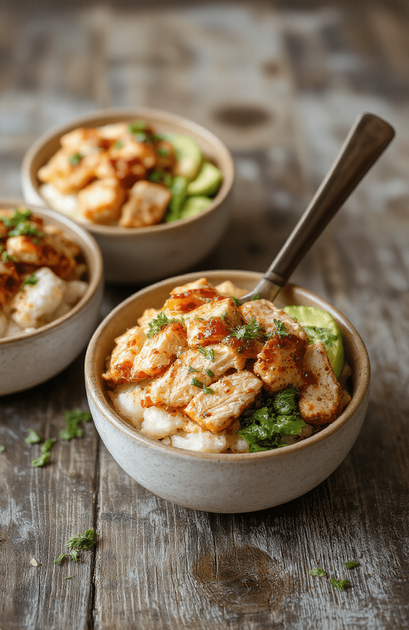 A vibrant plate of honey chipotle chicken rice bowls featuring juicy grilled chicken glazed with honey and smoky chipotle sauce, served over fluffy white rice, garnished with fresh cilantro and lime wedges. The dish showcases a glossy finish, colorful ingredients, and inviting textures, styled on a rustic wooden surface with natural daylight highlighting the appetizing presentation.