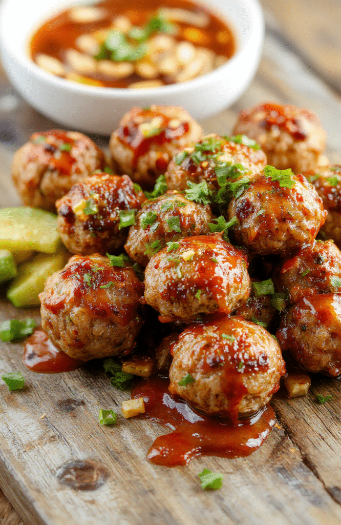 A plate of glossy, golden-brown Asian turkey meatballs glazed with a spicy-sweet sauce, garnished with chopped green onions and sesame seeds, styled on a rustic wooden table with a drizzle of sauce and fresh herbs, vibrant colors contrasting with the dark background.