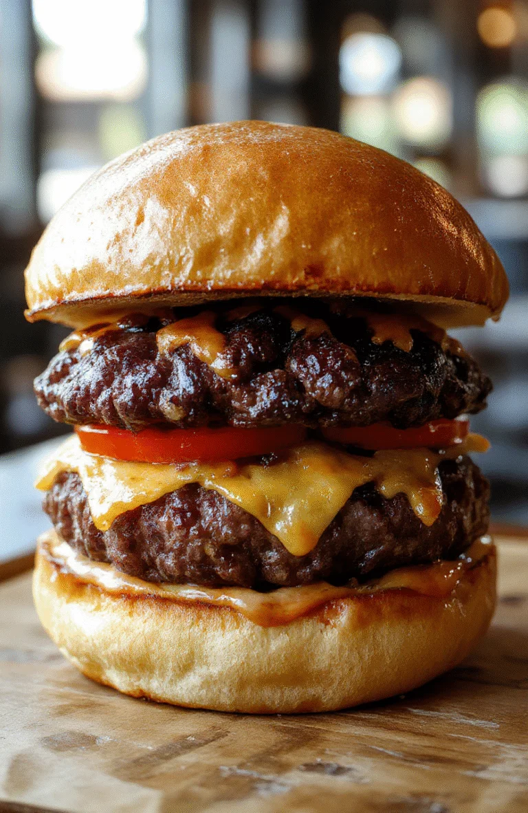 A close-up shot of a layered crack burger showcasing its juicy beef patties, melted cheese, crispy bacon, fresh lettuce, tomato slices, and toasted buns, all arranged beautifully on a rustic wooden board with vibrant colors and textures.