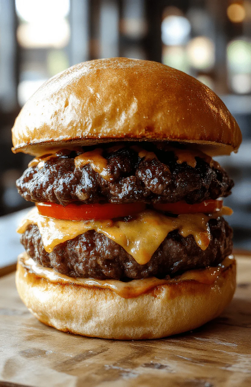 A close-up shot of a layered crack burger showcasing its juicy beef patties, melted cheese, crispy bacon, fresh lettuce, tomato slices, and toasted buns, all arranged beautifully on a rustic wooden board with vibrant colors and textures.
