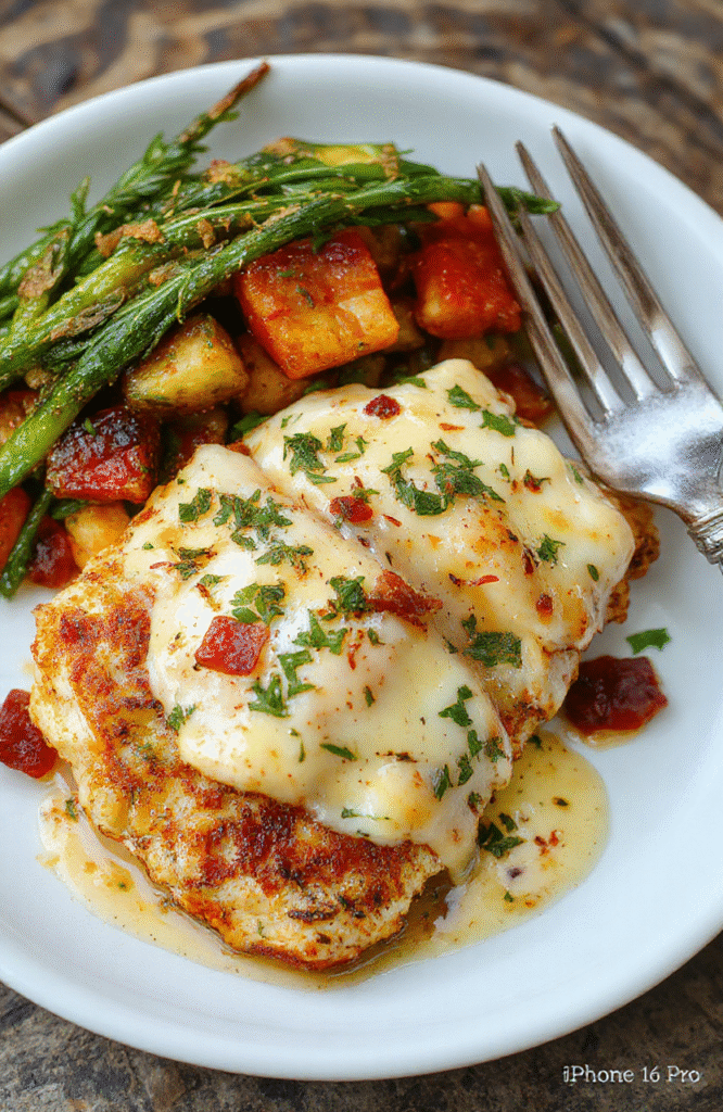 A vibrant plate of Alice Springs Chicken with melted cheese, crispy bacon bits, and fresh herbs on top of tender grilled chicken fillets, served on a rustic white plate with a side of colorful vegetables, styled with a natural background and soft natural light highlighting the textures and rich colors.