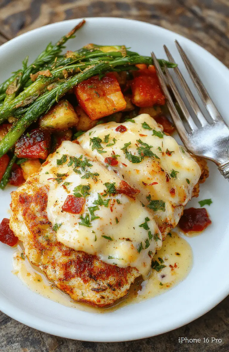 A vibrant plate of Alice Springs Chicken with melted cheese, crispy bacon bits, and fresh herbs on top of tender grilled chicken fillets, served on a rustic white plate with a side of colorful vegetables, styled with a natural background and soft natural light highlighting the textures and rich colors.
