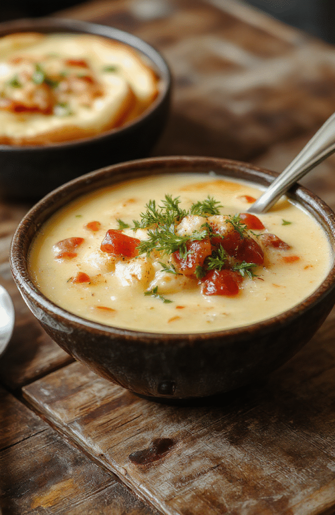 A vibrant bowl of cheeseburger soup featuring melted cheese, chopped pickles, crumbled bacon, and ground beef, garnished with fresh herbs, presented on a rustic wooden table with a spoon, warm tones, inviting and appetizing.