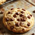 Close-up of a freshly baked batch of chewy chocolate chip cookies on a rustic wooden surface, with golden-brown edges, gooey chocolate chips visible, and a soft, chewy texture. The cookies are slightly cracked on top, with a few broken pieces revealing their moist interior, styled casually with a few scattered chocolate chips around for a tempting presentation.