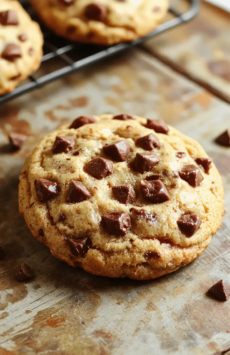 Close-up of a freshly baked batch of chewy chocolate chip cookies on a rustic wooden surface, with golden-brown edges, gooey chocolate chips visible, and a soft, chewy texture. The cookies are slightly cracked on top, with a few broken pieces revealing their moist interior, styled casually with a few scattered chocolate chips around for a tempting presentation.