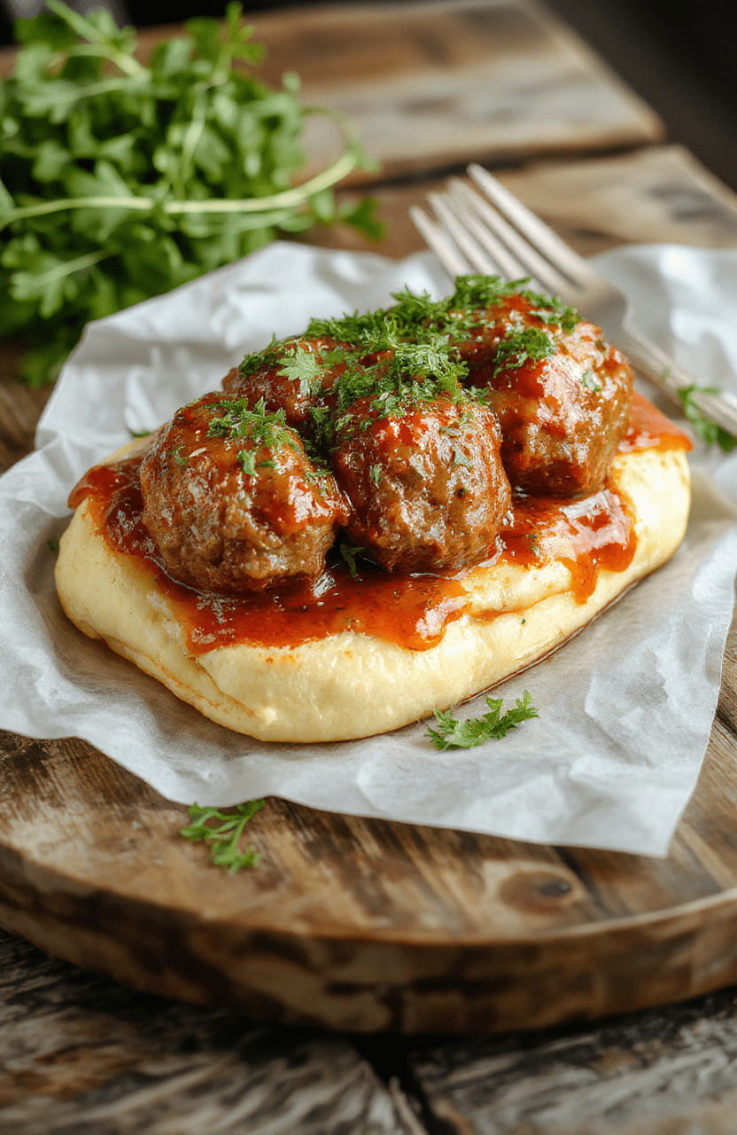 A close-up of juicy Italian meatballs glazed in rich tomato sauce, served on a rustic white plate garnished with fresh basil, with a backdrop of a wooden table and a side of toasted bread, highlighting textures and vibrant colors.