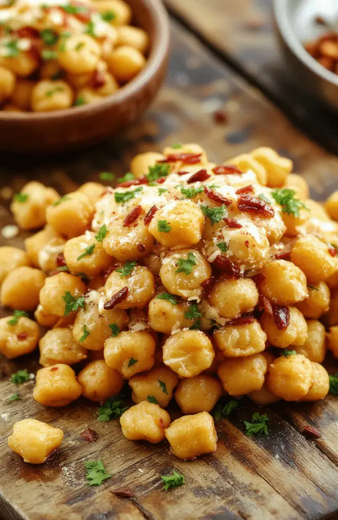 A vibrant bowl of chickpeas topped with fresh herbs and a drizzle of sauce, colorful vegetables surrounding, rustic wooden surface, natural daylight, cozy and inviting presentation.