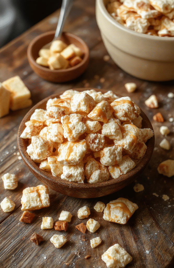 A vibrant bowl of caramel apple puppy chow featuring crunchy cereal coated in glossy caramel and rich white chocolate, mixed with chopped green and red apple candies for pops of color, all styled on a rustic wooden table with fall-themed decorations.