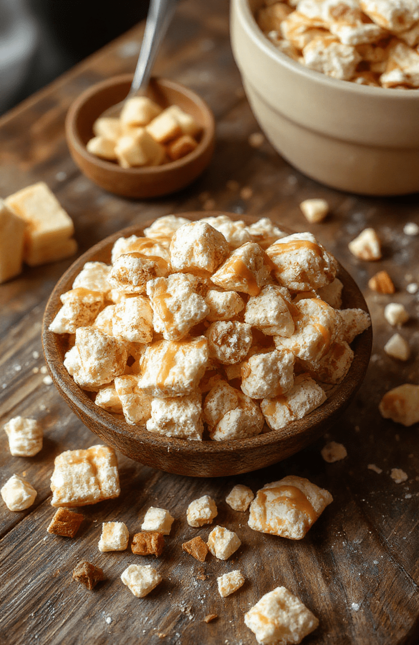 A vibrant bowl of caramel apple puppy chow featuring crunchy cereal coated in glossy caramel and rich white chocolate, mixed with chopped green and red apple candies for pops of color, all styled on a rustic wooden table with fall-themed decorations.