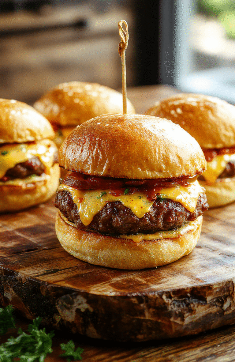 Colorful cheeseburger sliders arranged on a wooden platter, topped with melted cheddar cheese, fresh lettuce, tomato slices, and sesame seed buns, with a background of casual party table setup, vibrant and appetizing presentation, textures of juicy patty and soft buns emphasized.