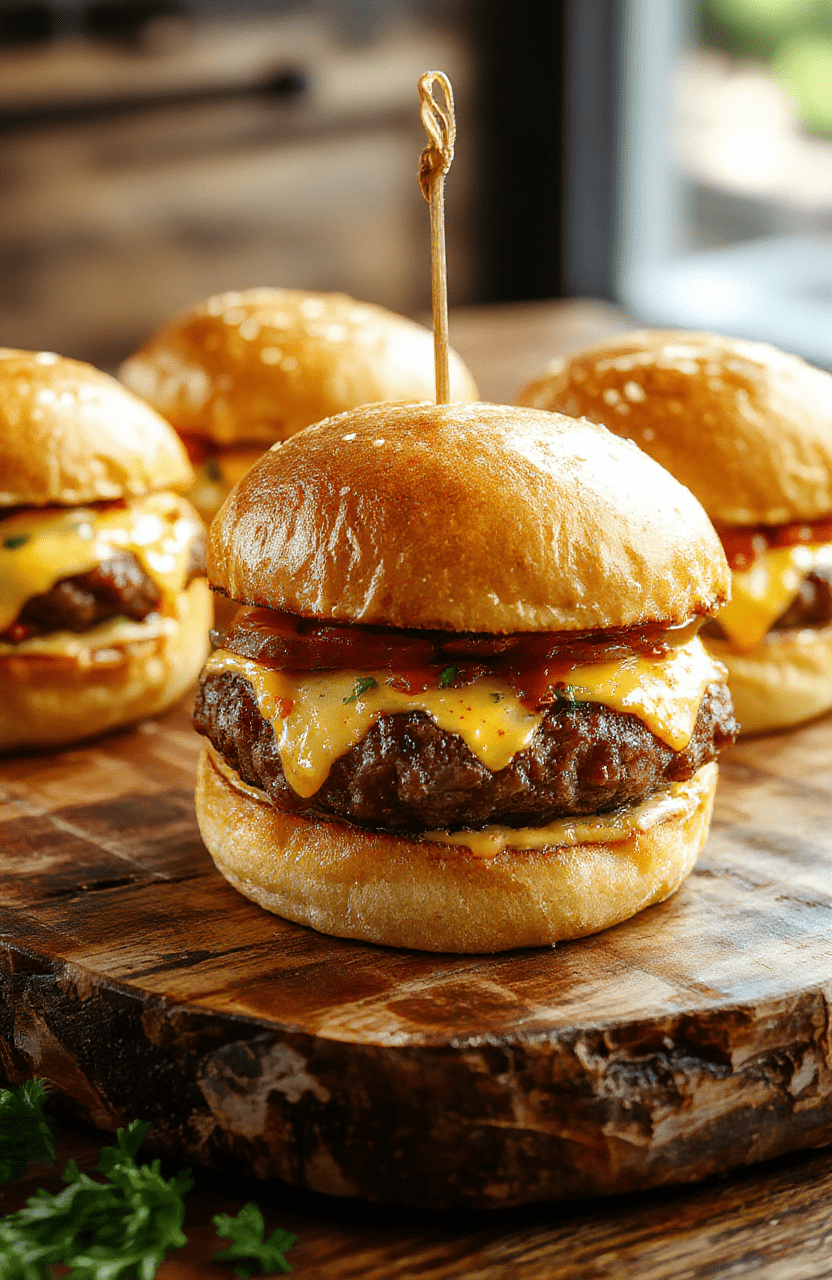 Colorful cheeseburger sliders arranged on a wooden platter, topped with melted cheddar cheese, fresh lettuce, tomato slices, and sesame seed buns, with a background of casual party table setup, vibrant and appetizing presentation, textures of juicy patty and soft buns emphasized.