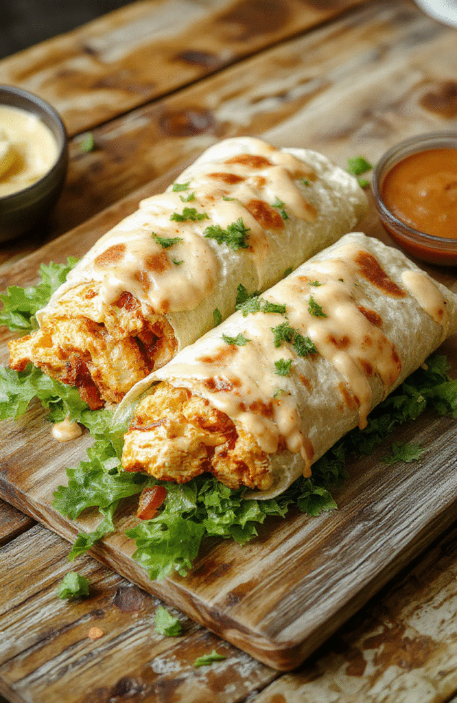 A vibrant plate of cheesy chicken wraps filled with melted cheese, fresh vegetables, and seasoned chicken, neatly rolled and sliced to showcase gooey cheese and crispy edges, laid on a rustic wooden table with a garnish of fresh herbs and a side of dipping sauce.
