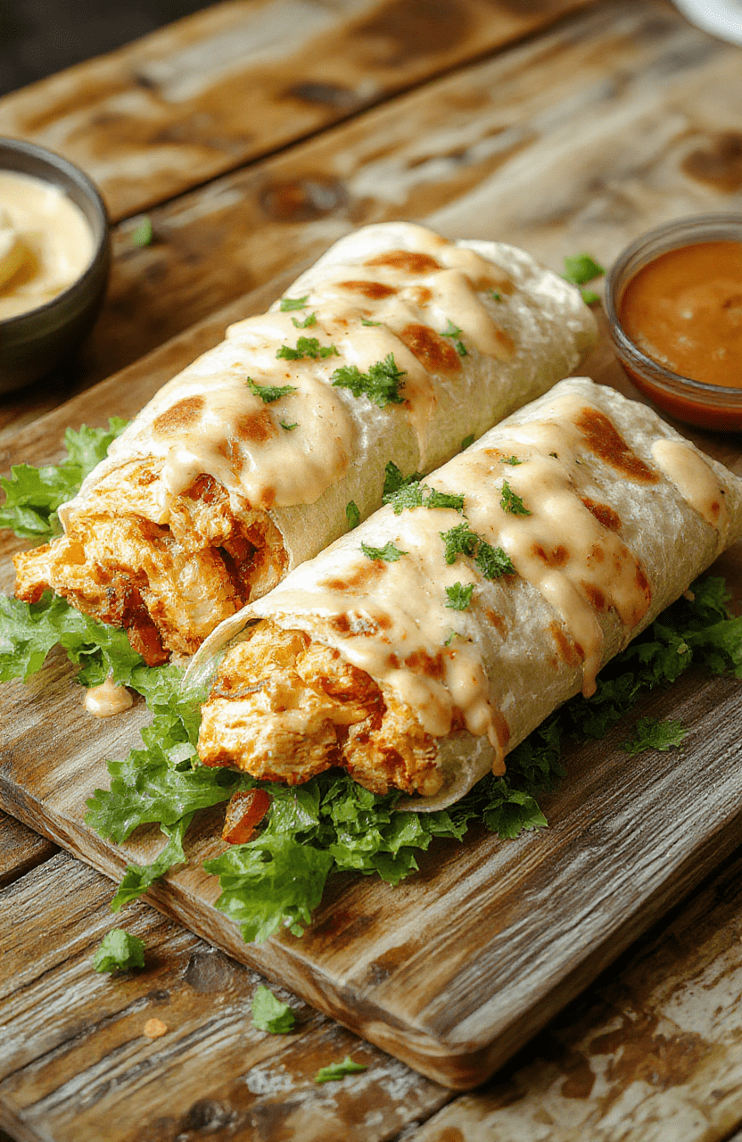 A vibrant plate of cheesy chicken wraps filled with melted cheese, fresh vegetables, and seasoned chicken, neatly rolled and sliced to showcase gooey cheese and crispy edges, laid on a rustic wooden table with a garnish of fresh herbs and a side of dipping sauce.