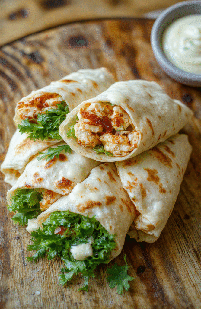 A vibrant plate of chicken bacon ranch wraps, featuring crispy bacon, tender grilled chicken, fresh lettuce, and creamy ranch sauce wrapped in a warm tortilla, styled in a casual, inviting setting.