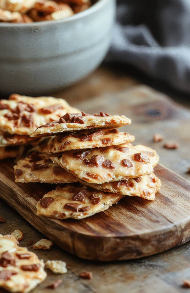 A shiny golden slab of cracker toffee arranged beautifully on a rustic wooden board, topped with melted chocolate, sprinkled with chopped nuts, and glistening caramel drizzles, styled with holiday decorations in the background, vibrant colors, and textured ingredients.