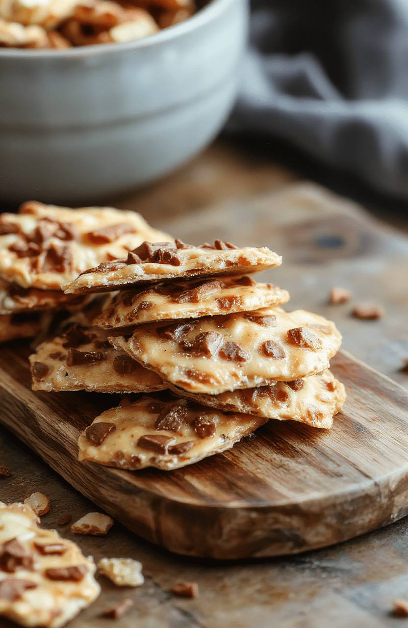 A shiny golden slab of cracker toffee arranged beautifully on a rustic wooden board, topped with melted chocolate, sprinkled with chopped nuts, and glistening caramel drizzles, styled with holiday decorations in the background, vibrant colors, and textured ingredients.