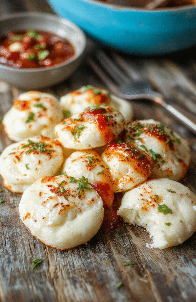 Golden-brown mozzarella bites on a white plate, crispy exterior with melted cheese oozing out, garnished with fresh basil leaves, served on a rustic wooden table, vibrant colors, appetizing textures, styled with a casual and inviting appearance.