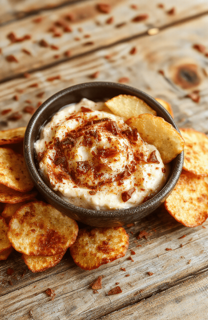 A vibrant bowl of creamy apple dip topped with cinnamon and apple slices, accompanied by golden crispy cinnamon chips arranged artistically on a rustic wooden platter, with a cozy autumn background, soft natural lighting highlighting textures and colors.