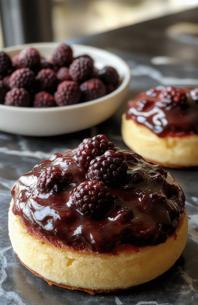 A beautifully layered blackberry cake with dark chocolate frosting, topped with fresh blackberries and edible silver dust, arranged on a sleek black plate with a gothic-inspired backdrop, showcasing glossy fruit textures and rich frosting details.