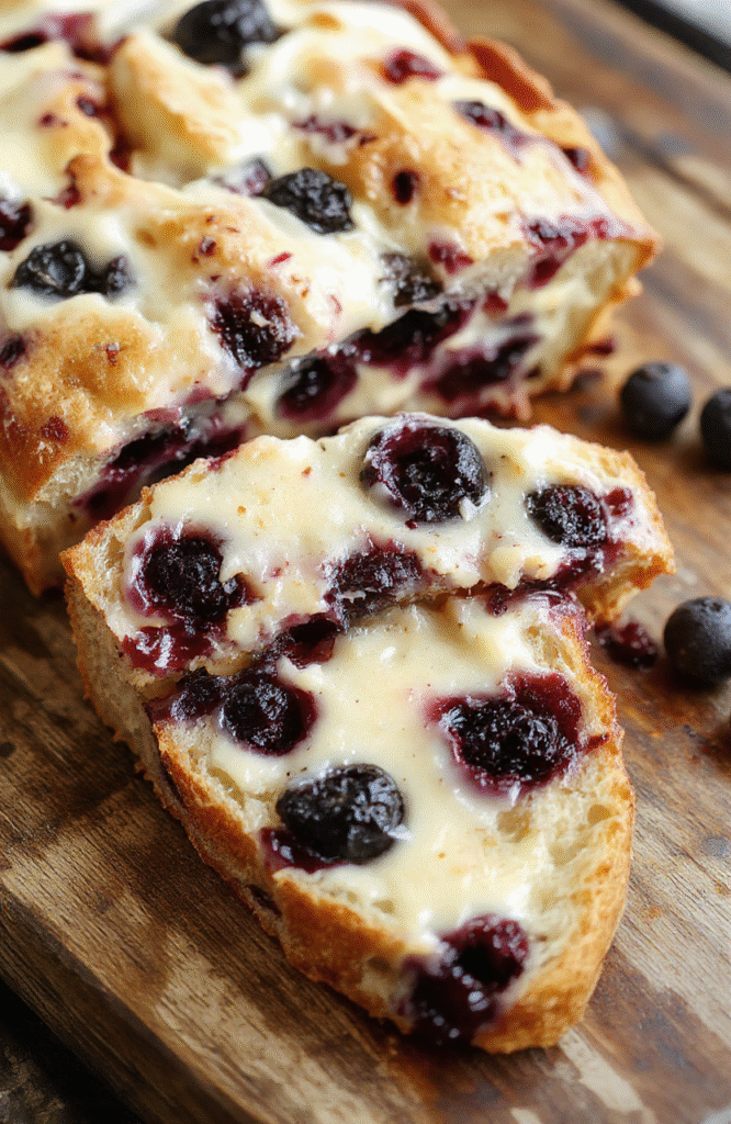 A golden-brown loaf sliced open to reveal a creamy, vibrant blueberry swirled interior topped with a smooth layer of cream cheese frosting, garnished with fresh blueberries and mint leaves, styled on a rustic wooden board with soft natural lighting highlighting the textures and colors.