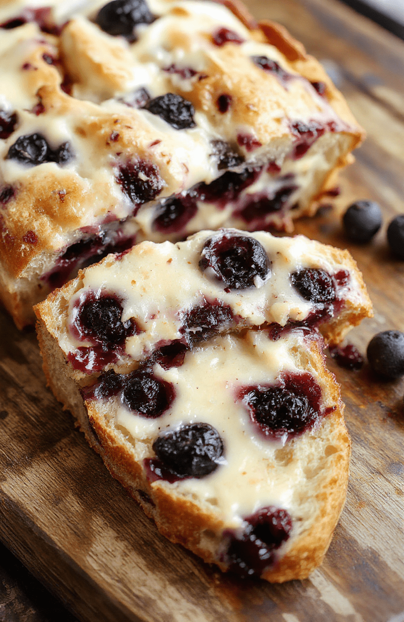 A golden-brown loaf sliced open to reveal a creamy, vibrant blueberry swirled interior topped with a smooth layer of cream cheese frosting, garnished with fresh blueberries and mint leaves, styled on a rustic wooden board with soft natural lighting highlighting the textures and colors.