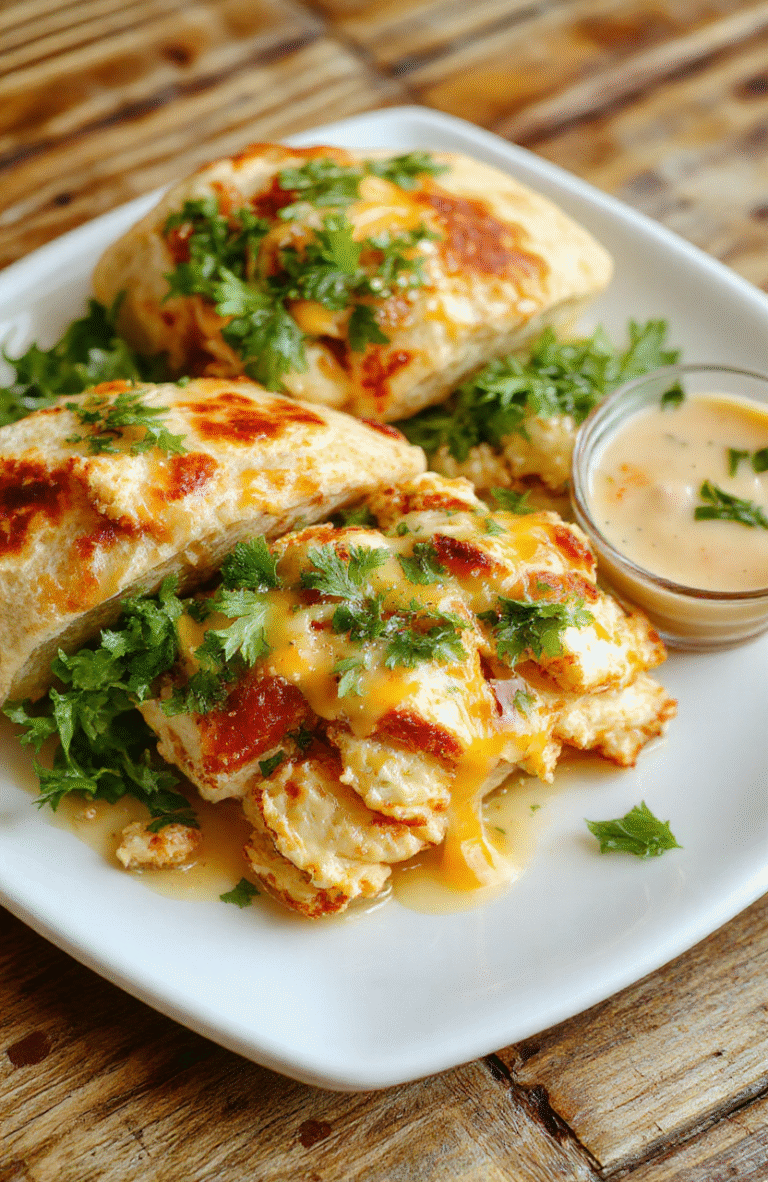 colorful cheesy chicken wraps on a white plate, golden brown tortilla with melted cheese, shredded chicken, fresh greens, and a side of dipping sauce, styled casually with vibrant lighting